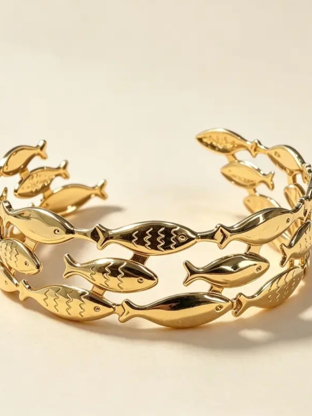 Gold Plated Fish Link Cuff Bracelet - Adjustable